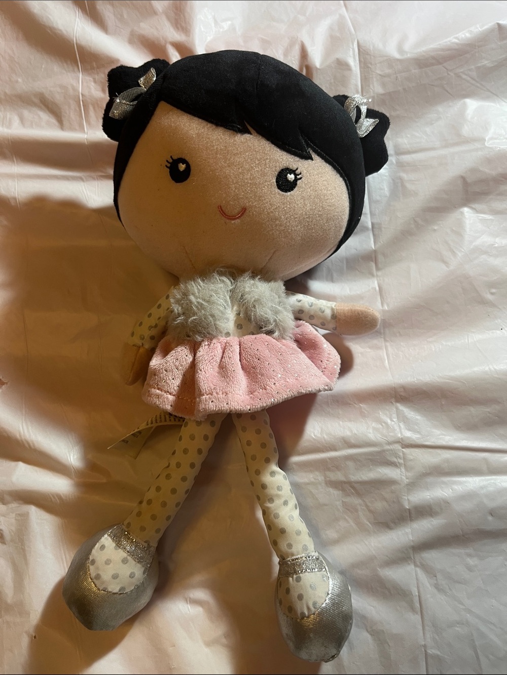 Baby Starters Soft Plush Doll with Black Hair and Pink Skirt